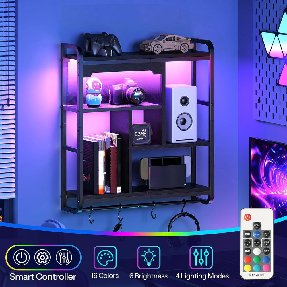 HOOBRO Gaming Floating Shelves for Wall, 26.4" LED Wall Shelf Display Rack