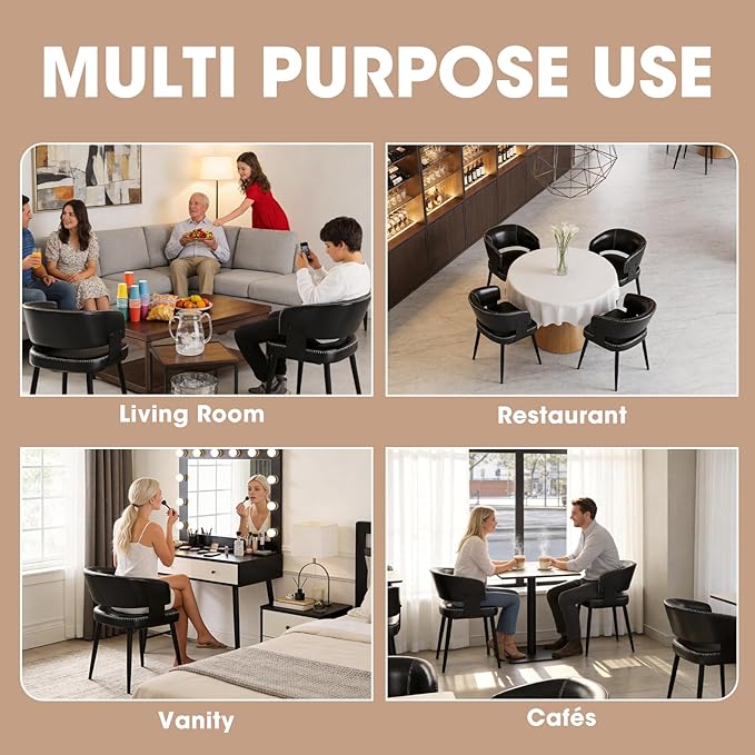 Modern Dining Chairs Set of 4, Upholstered Faux Leather Kitchen Side Chairs with Curved Open Back, Elegant Decorative Stitching, Easy Assembly for Dining Room, Restaurant, Cafe,Vintage Black