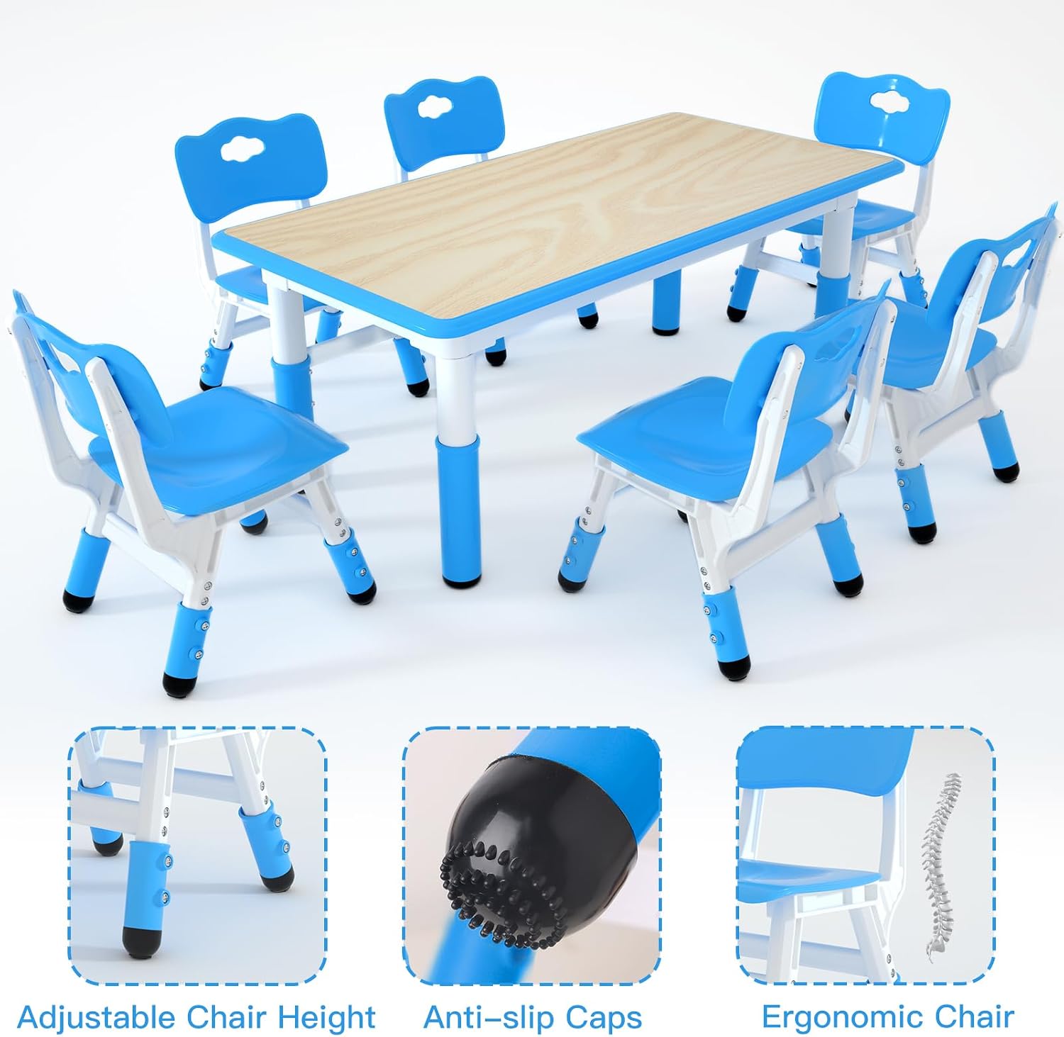 LulliSpace Kids Study Table and 6 Chairs Set,Height Adjustable Table and Chairs for Children and Toddlers,47.2"X23.6"Graffiti Desktop,Suitable for Daycare,Classrooms, Home