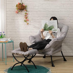 HollyHOME Fabric Lazy Chair with Foldable Ottoman, Accent Comfy Lounge Arm Chair and Folding Footrest Stool Set, Leisure Sofa Reading Chair and Footstool for Living Room, Bedroom, Dorm, Grey