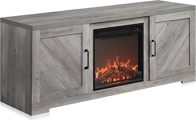 BELLEZE Modern 58" Farmhouse TV Stand with 18" Electric Fireplace Heater & Media Entertainment Center for TV up to 65", Console Table with Storage Cabinets - Hilo (Grey Wash)
