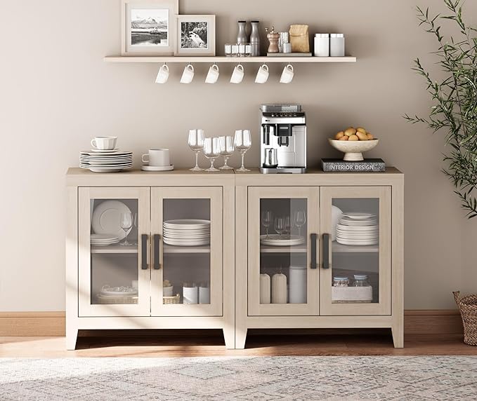 WAMPAT Farmhouse TV Stand for TVs up to 65”, Rustic Wood Entertainment Center with Adjustable Shelf, Glass Doors & Storage, Media Console Cabinet for Living-Room, Bedroom, Beige