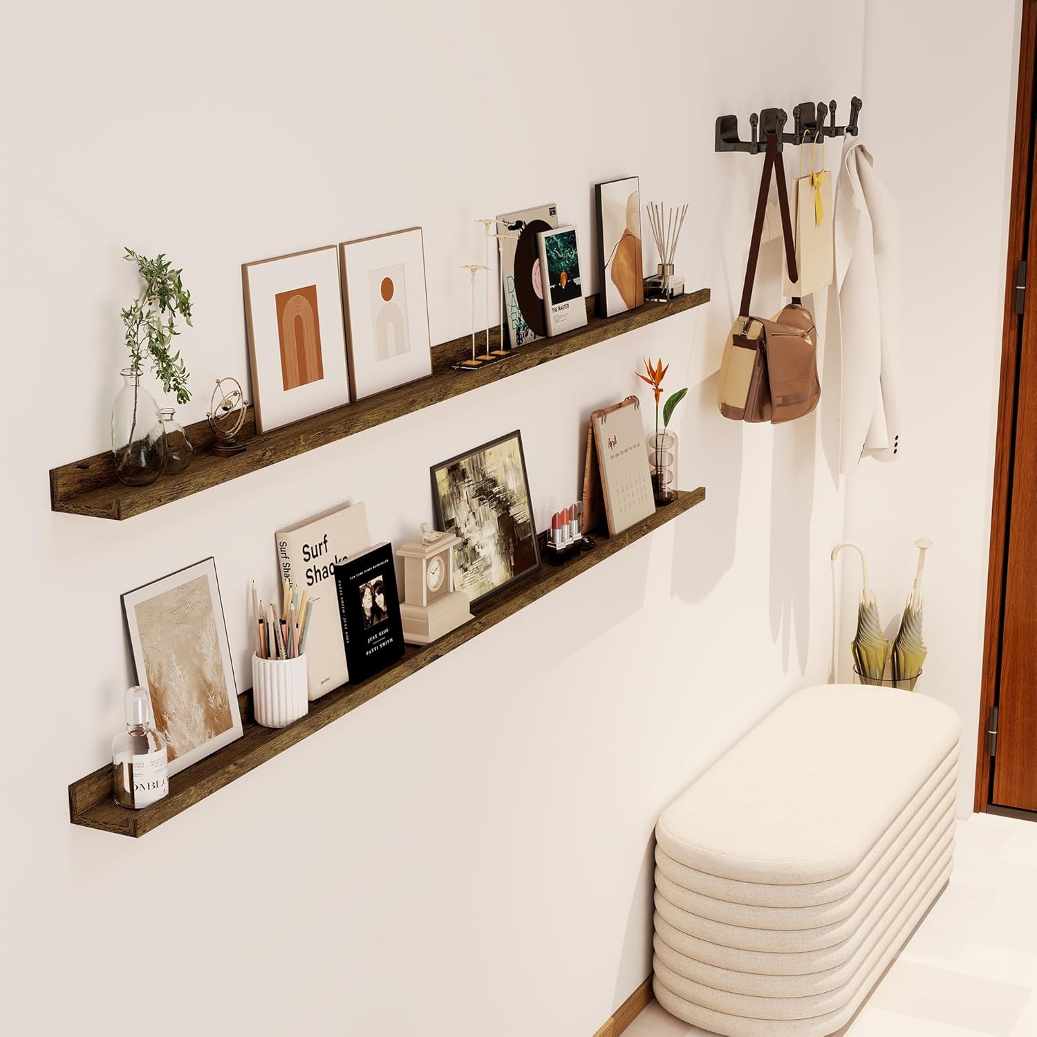 Axeman 72 Inch Floating Shelves for Wall | Picture Ledge Shelf Set of 2 | Rustic Brown Picture Shelf for Wall with Ledge | Long Floating Shelves with Lip | Photo Ledge Shelves for Books Album Records
