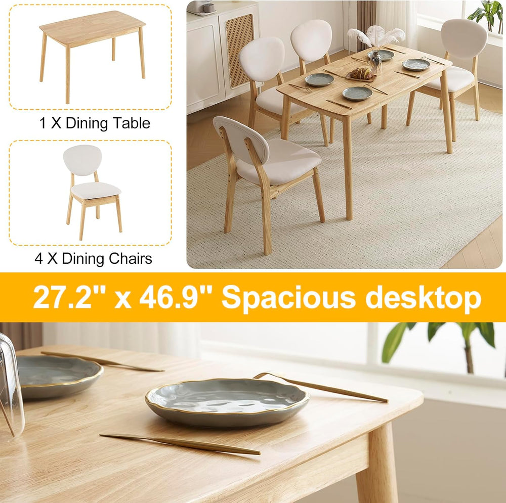 Karl home 5-Piece Dining Table Set for 4, Solid Wood Frame, Nature | Mid-cent...