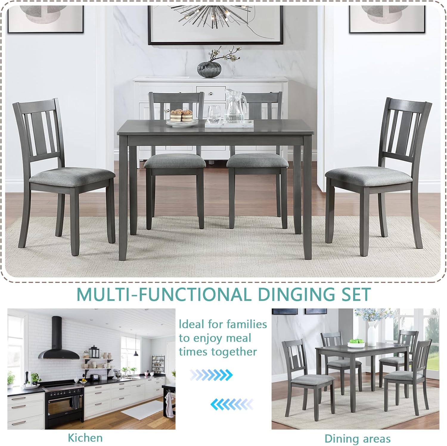 LUMISOL 5-Piece Modern Dining Set, Rectangular Wooden Kitchen Table with 4 Upholstered Chairs for Kitchen, Dining Room, Living Room, Grey
