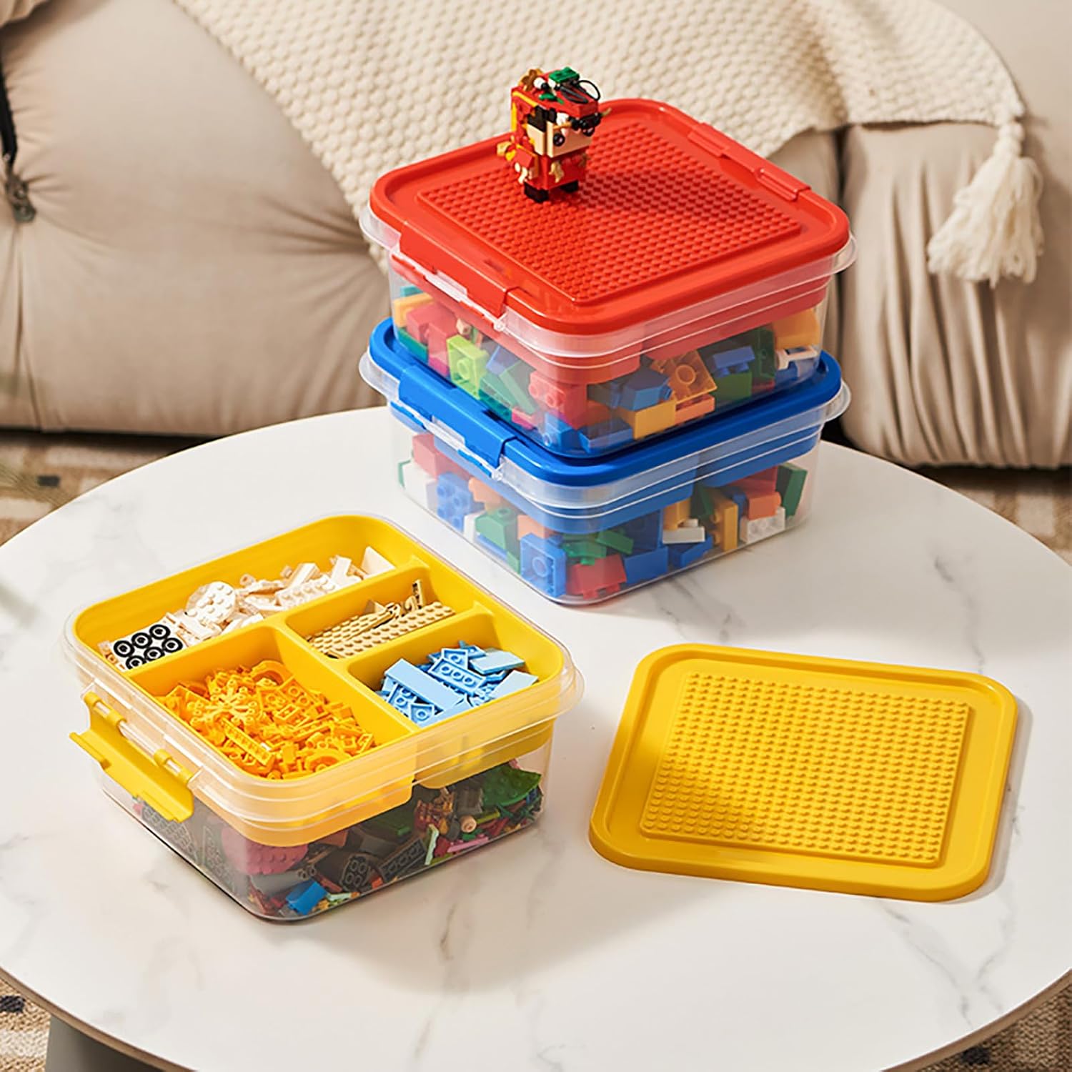 Toys Storage Organizer Bins for Lego, Building Blocks Storage with Building Baseplate Lid, Storage Containers for Building Brick Storage Plastic Stackable Organizer Bin Toy Chest