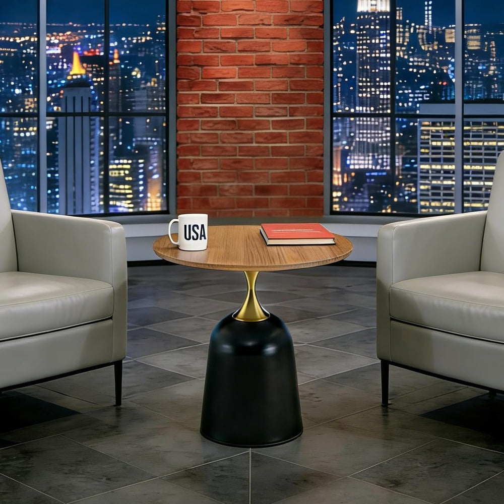 Round Side Table, 23.6 Inch, Walnut Wood Top with Black and Gold Metal Base, ...