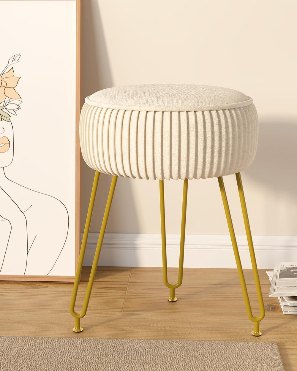 IBUYKE Makeup Vanity Stool, Velvet Round Footrest Ottoman, White LG-30M | Dre...