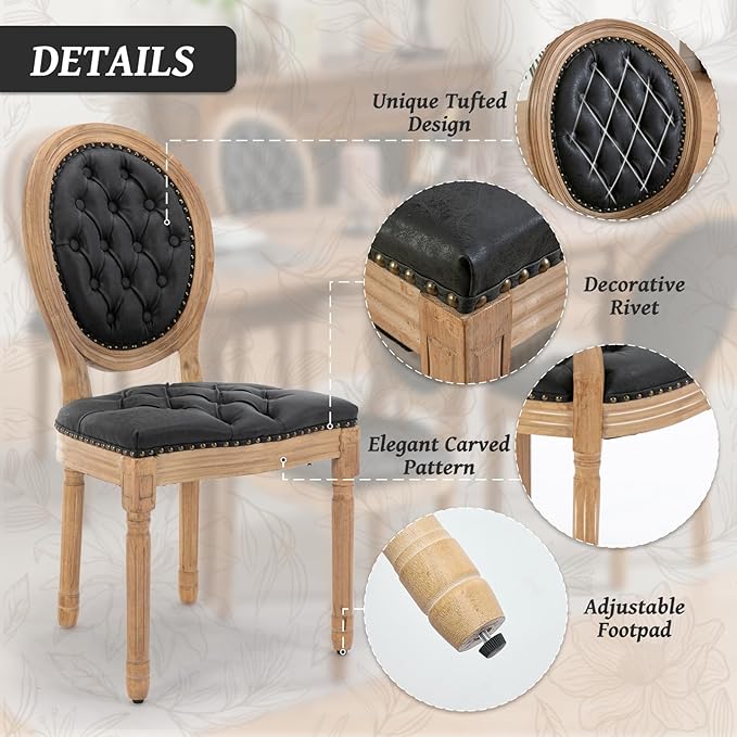 French Country Dining Chairs Set of 4,Farmhouse Upholstered Dining Room Chairs with Tufted Round Back&Solid Leg,PU Leather Kitchen Side Chairs for Kitchen/Bedroom/Dining Room,Black
