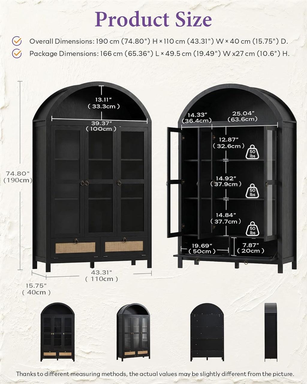 75'' Black Arched Cabinet, Arch Pantry Storage Cabinet with 3 Glass Doors | TYBOATLE, Pantry Cabinet, Farmhouse Style, Rattan Drawers, Anti-Tip Device, Kitchen, Bathroom, Dining Room, Cupboard Storage