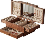 Wooden Jewelry Box for Women, 3 Level Multi-functional Drawers Black Walnut Jewelry Organizer Box, Watch, Necklace, Ring, Earring Storage Gifts(With Mirror B)