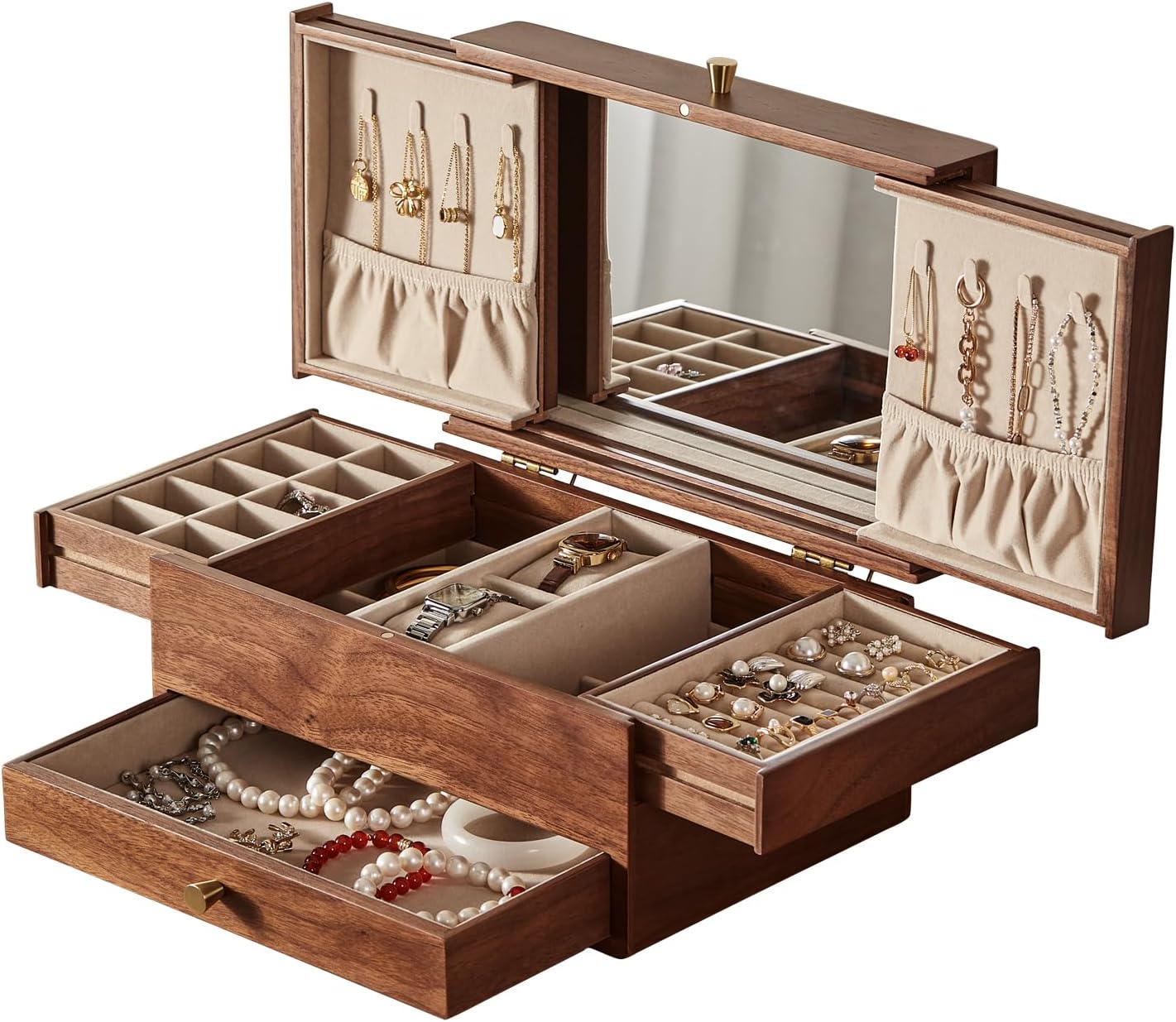 Wooden Jewelry Box for Women, 3 Level Multi-functional Drawers Black Walnut Jewelry Organizer Box, Watch, Necklace, Ring, Earring Storage Gifts(With Mirror B)