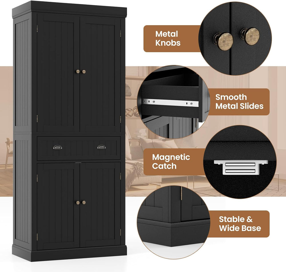 DORTALA 72” Tall Kitchen Pantry Cabinet, Wood Storage Cupboard w/ 4 Adjustabl...