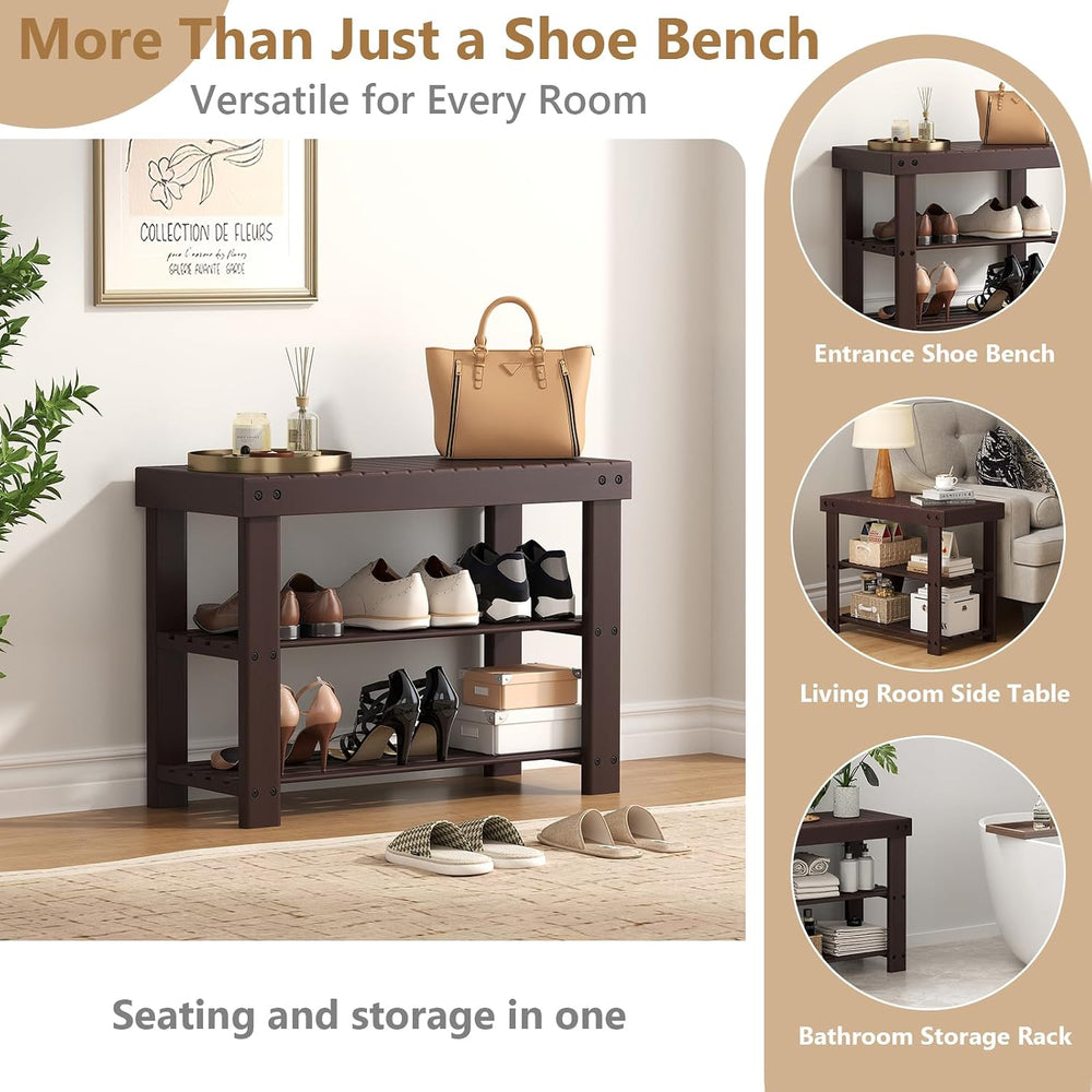 NEWBULIG Shoe Rack Bench, 3-Tier Bamboo Shoe Organizer, Wooden Entryway Stora...