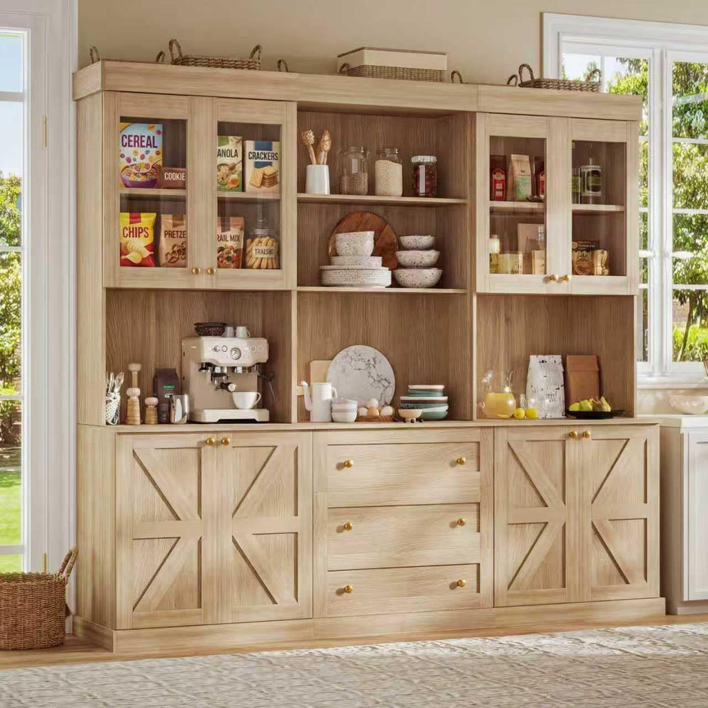71" Farmhouse Kitchen Pantry Cabinet, Brown Freestanding Coffee Bar Hutc...