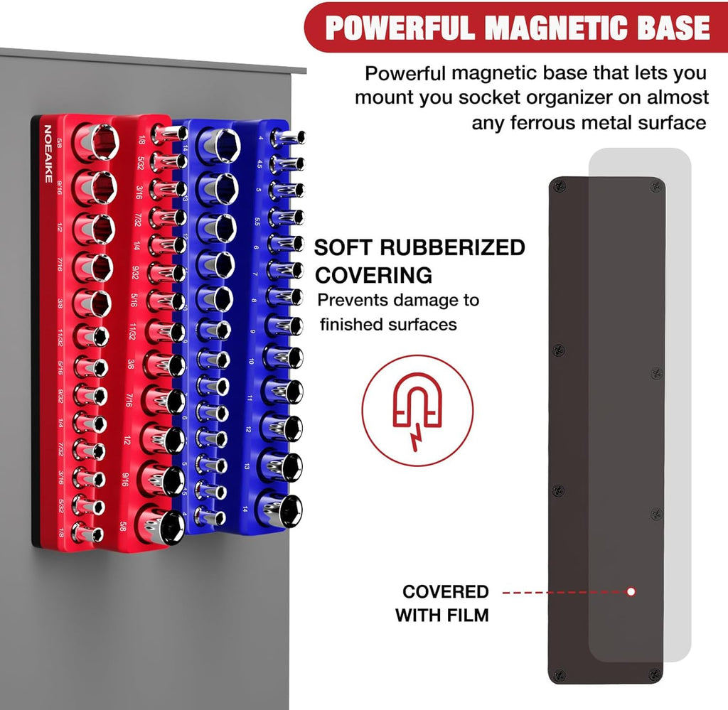 Magnetic Socket Organizer,6-Pack SAE & Metric 1/2,3/8,1/4 Inch Drive Sockets Holder,Holds 141 Standard/Deep Sockets,Blue and Red Magnetic Socket Tray(Sockets Not Included)