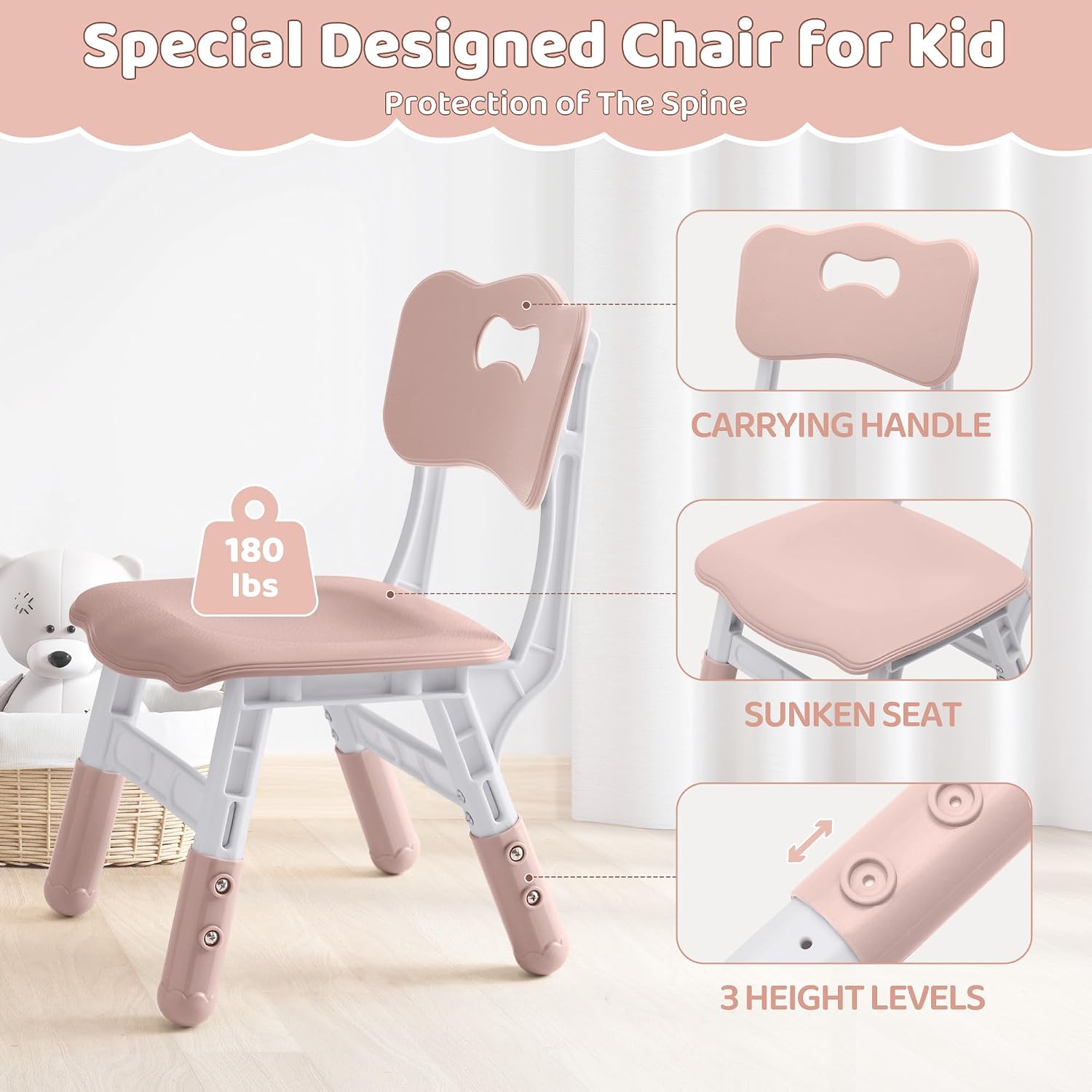 DOREROOM Kids Table & 2 Chairs, Height Adjustable (17.7"-26.1"), Pink-W | Graffiti Desktop,Table Supports 300 lbs,Toddler Ages 3-8，Children Multi-Activity Table Set for Playroom, Daycare, Classroom
