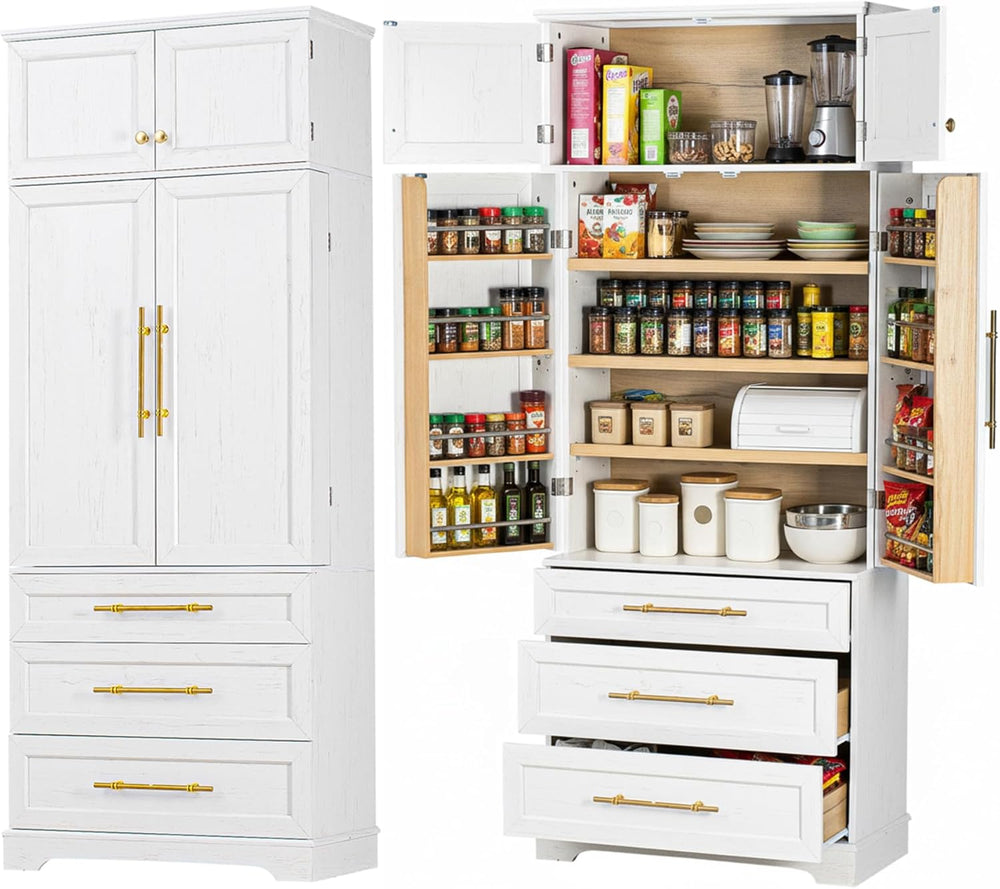 Virubi 78.2" Tall Farmhouse Kitchen Pantry Cabinet with 8 Door Shelves, ...