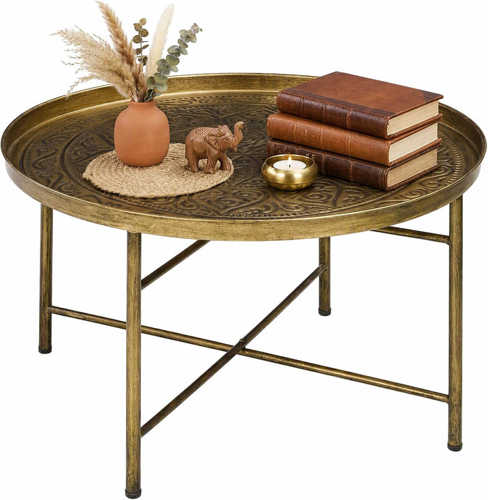 HOMCOM 24" Hammered Round Coffee Table Vintage Metal Side Table Gold