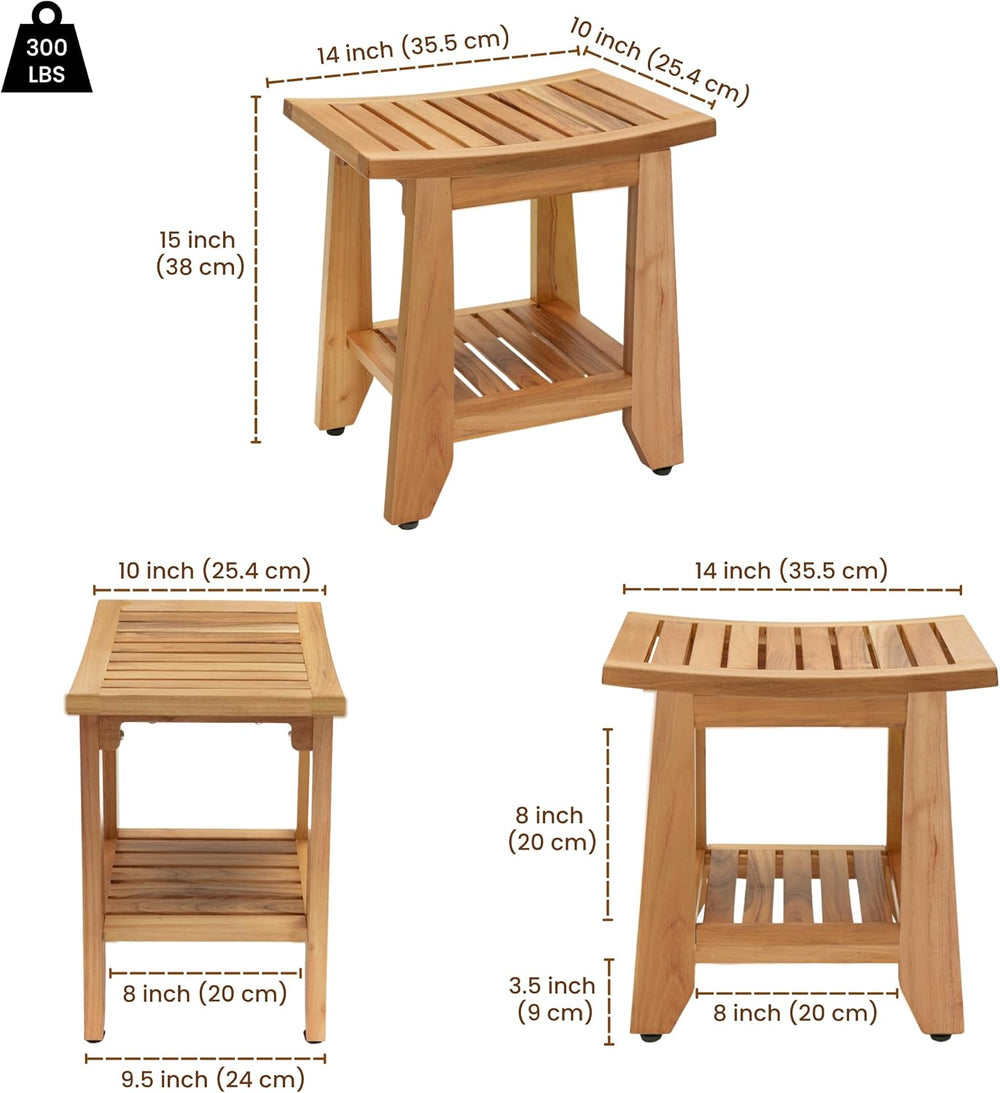 Teak Shower Bench Stool, 14'' Compact Waterproof Wooden Sauna Bath Be...