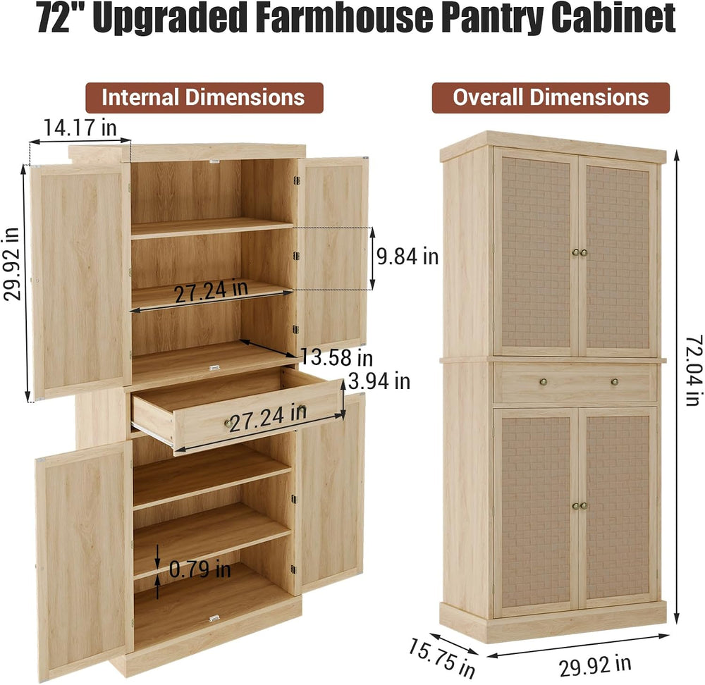 Kitchen Pantry Cabinet with 4 Doors and Adjustable Shelves, 72" Tall Far...