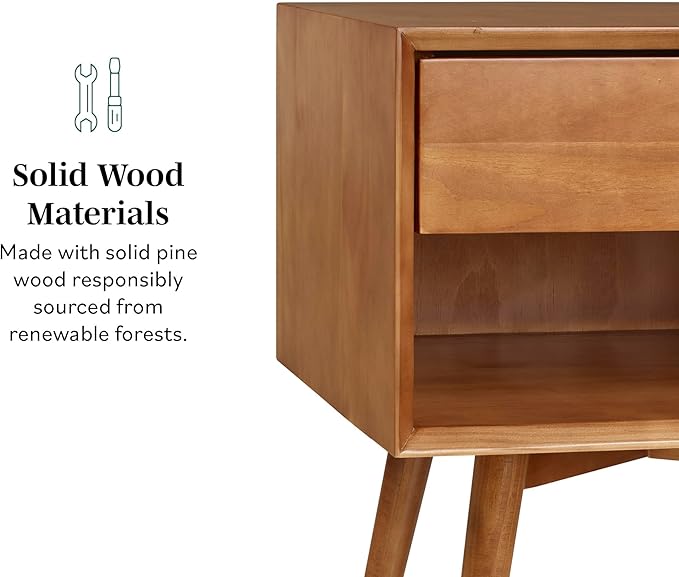 Walker Edison Mid Century Modern Wood Nightstand Side Table Bedroom Storage Drawer and Shelf Bedside End Table, 1 Drawer, Caramel