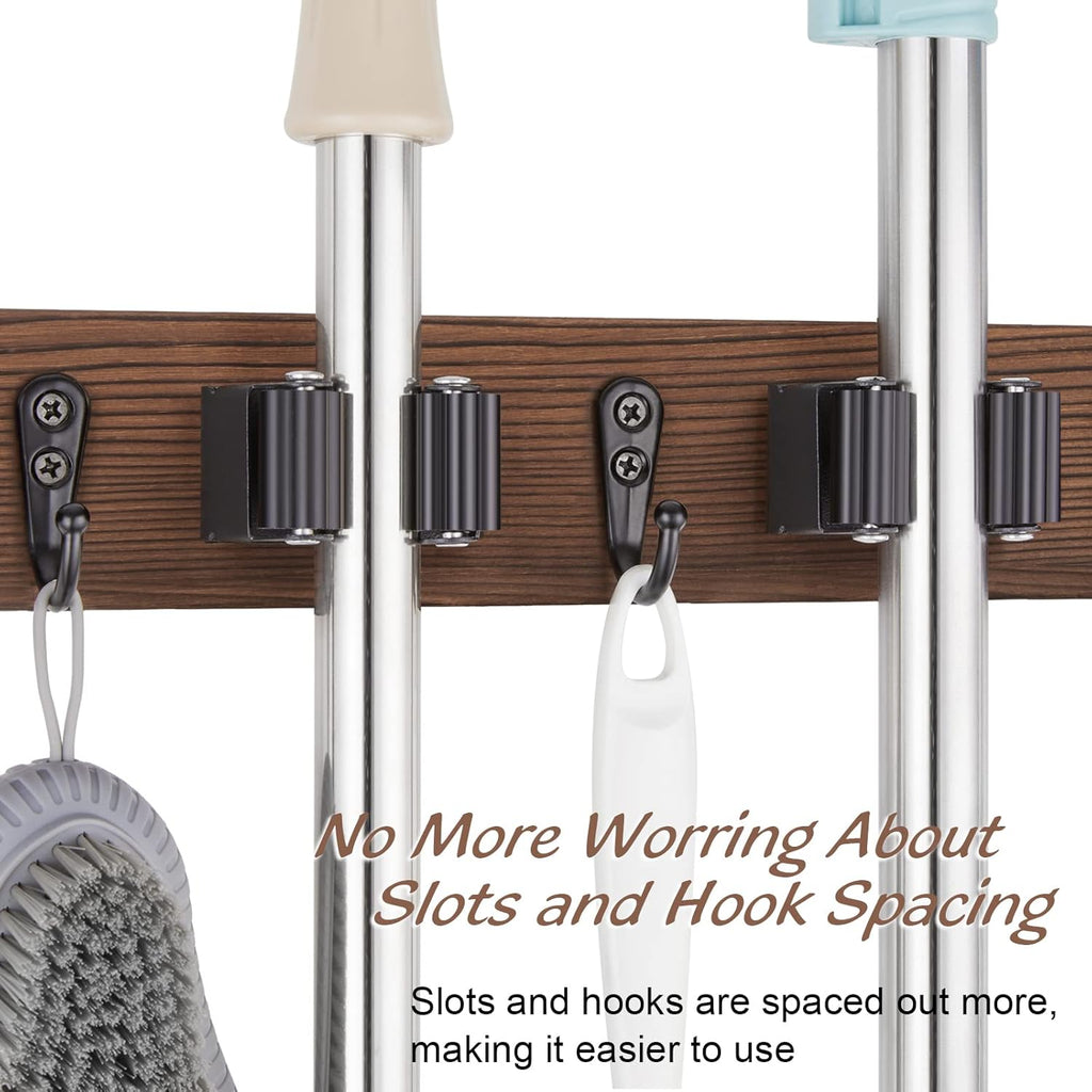 Mop Broom Holder Wall Mount with 3 Slots & 4 Hooks - Wood Broom Mop Hanger for Pantry Kitchen Organization - Garden Tool Organizer for Closet Laundry Room - for Rustic Farmhouse Kitchen Decor