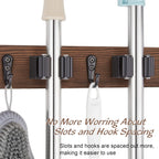 Mop Broom Holder Wall Mount with 3 Slots & 4 Hooks - Wood Broom Mop Hanger for Pantry Kitchen Organization - Garden Tool Organizer for Closet Laundry Room - for Rustic Farmhouse Kitchen Decor