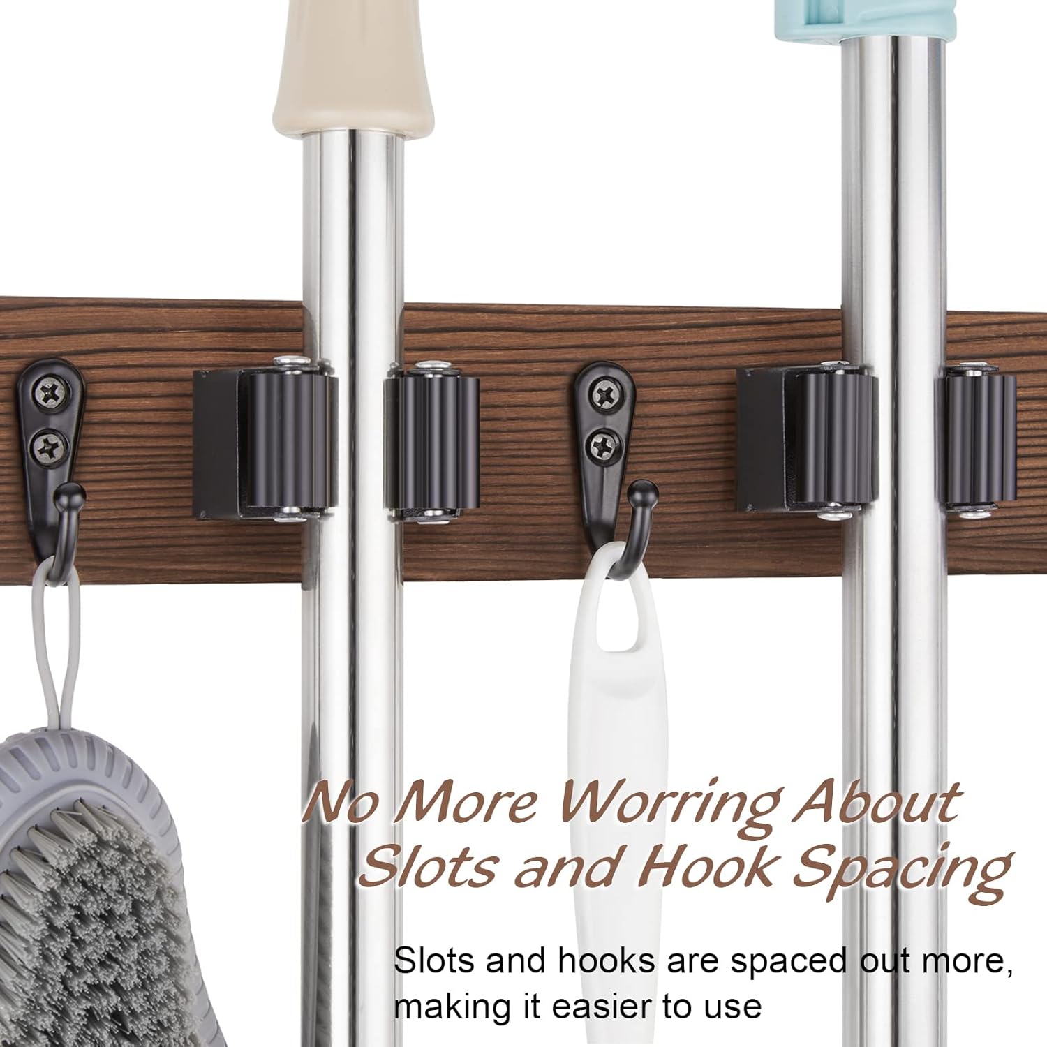 Mop Broom Holder Wall Mount with 3 Slots & 4 Hooks - Wood Broom Mop Hanger for Pantry Kitchen Organization - Garden Tool Organizer for Closet Laundry Room - for Rustic Farmhouse Kitchen Decor
