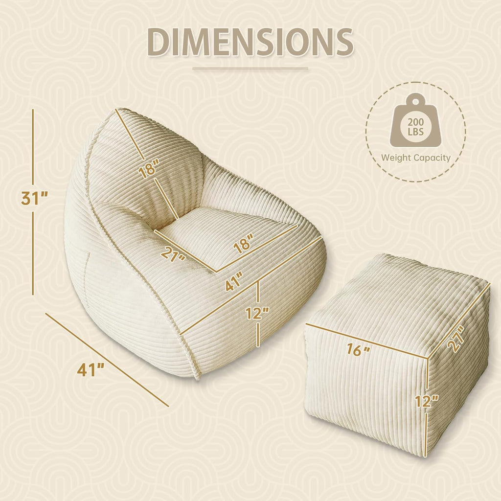 Bean Bag Chair with Ottoman, Bean Bag Sofa,Accent Chairs,Corduroy Fabric, Comfortable Reading Chairs for Living Room, Bedroom, Reading Nook,Modern Lounge Reclining Chair with Footrest (WHITE, Medium)