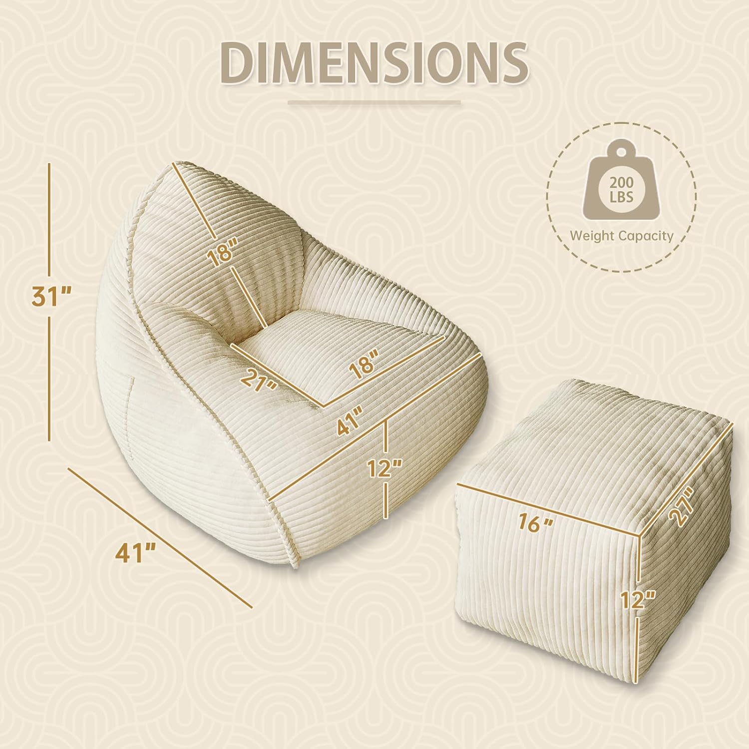 Bean Bag Chair with Ottoman, Bean Bag Sofa,Accent Chairs,Corduroy Fabric, Comfortable Reading Chairs for Living Room, Bedroom, Reading Nook,Modern Lounge Reclining Chair with Footrest (WHITE, Medium)