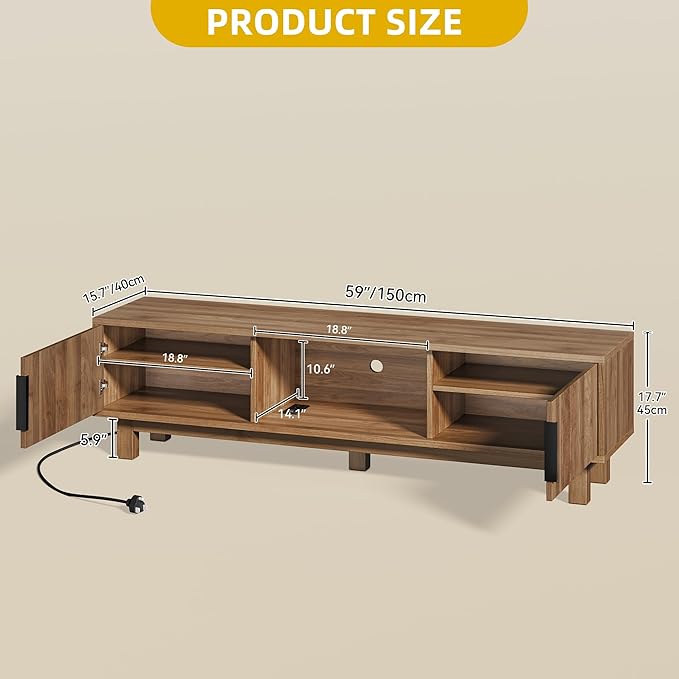 DWVO Fluted TV Stands for Living Room, Entertainment Center for TVs up to 65 Inch, Mid Century Modern Media Console with Power Outlets & Storage Compartments, 59" Long TV Cabinet, Walnut
