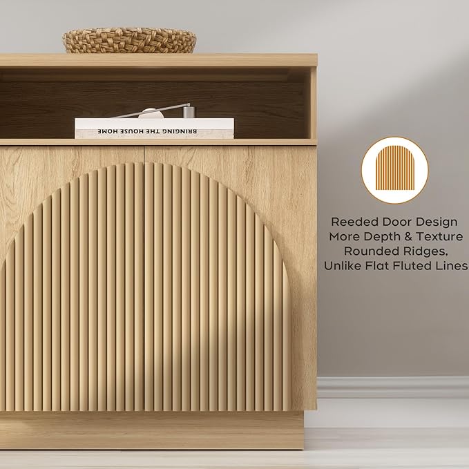 Yechen Fluted TV Stand with 4 Arched Reeded Design Doors, Modern Entertainment Center with Storage for Up to 55 Inch, Media Console, Multi-Functional TV Cabinet for Living Room, Natural Oak