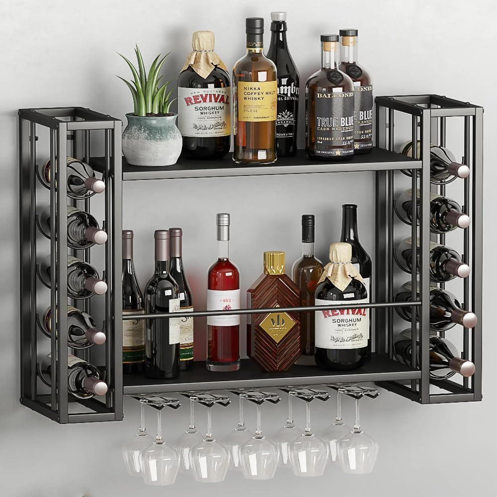 Wall Mounted Wine Rack with Glass Holder, 40" W x 9.8" D x 21.6&quo...