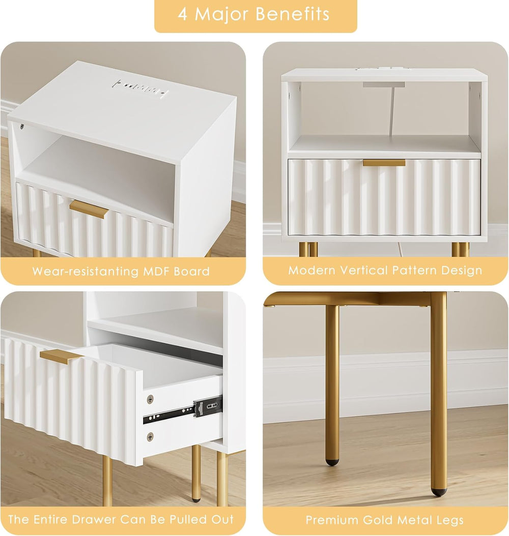 Masupu Nightstand with Charging Station,Mid-Century Modern Bedside Table with...