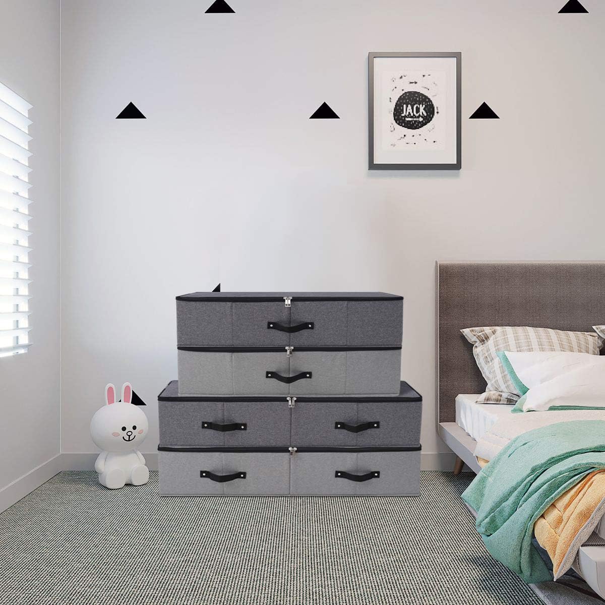 Omygarden Foldable Fabric Sturdy Under Bed Storage Box with 6 Handles, Zipper Lid, Blankets Clothes Comforters Storage Bin Organizer for Bedroom and Closet, 35x 16.5 x 7inch, Black Grey