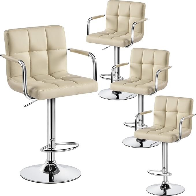 Yaheetech Bar Stools Set of 4, PU Leather Adjustable Swivel Barstools, Hydraulic Kitchen Counter Height Chairs with Armrest and Back for Kitchen, Dining Room, Khaki