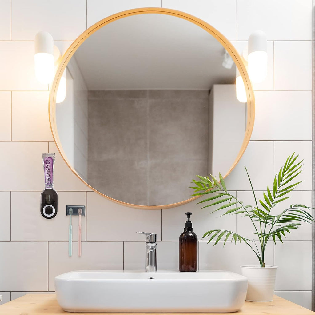 Toothbrush Holder Wall Mounted with Cover for Bathroom, 2 Slots Toothbrush Storage Organizer for Shower, Self Adhesive Toothbrush Hanger with Automatic Toothpaste Squeezer Dispenser