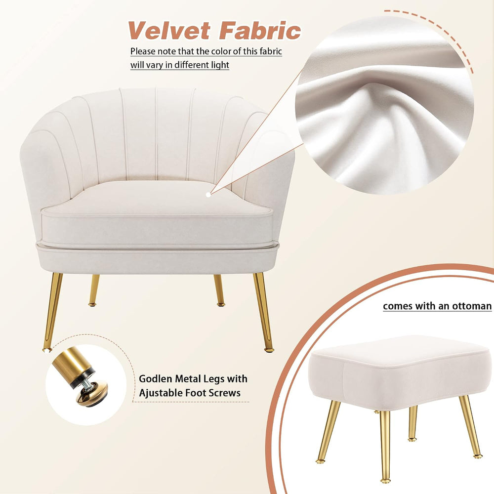Andeworld Velvet Accent Chair with Ottoman, Barrel Armchair, Beige | Velvet U...
