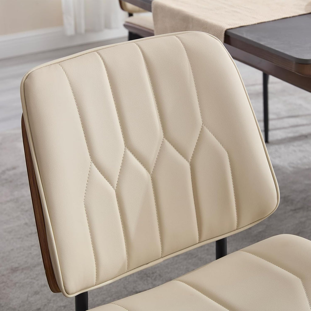 Mid Century Walnut Bentwood Armless Kitchen Dining Chairs Set of 4, Beige | PU leather seat with curved walnut bentwood back & metal legs, armless design, ideal for dining room, kitchen, or cafeteria