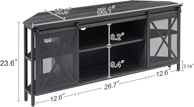 HOMISSUE Corner TV Stand for 55 Inch TV, Rustic Corner Entertainment Center with Storage, Industrial Media Console Table with Sliding Barn Door, Entertainment Center for Living Room, Grey
