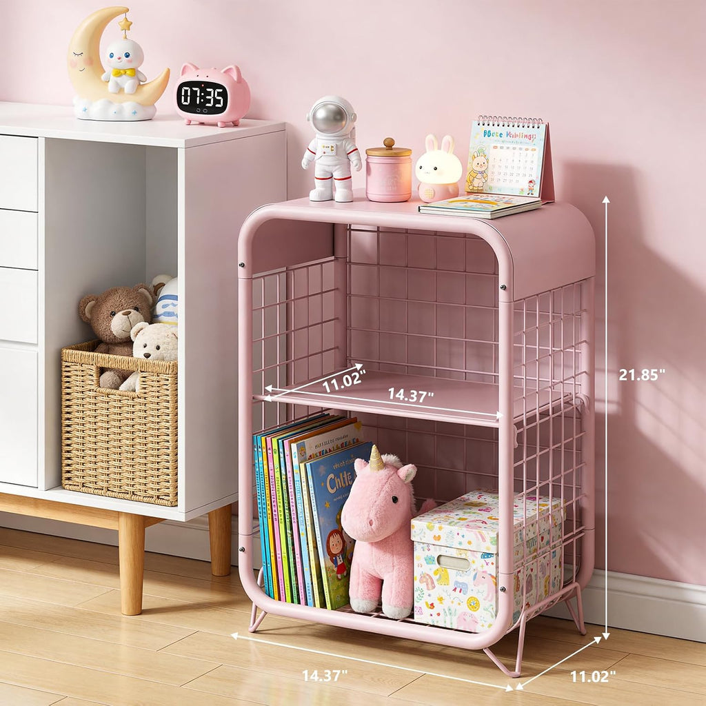 3-Tier Pink Metal End Table, Narrow Nightstand for Small Bedroom, Compact Side Table with Storage Shelves, Modern Bedside Organizer for Living Room, Pink Decor