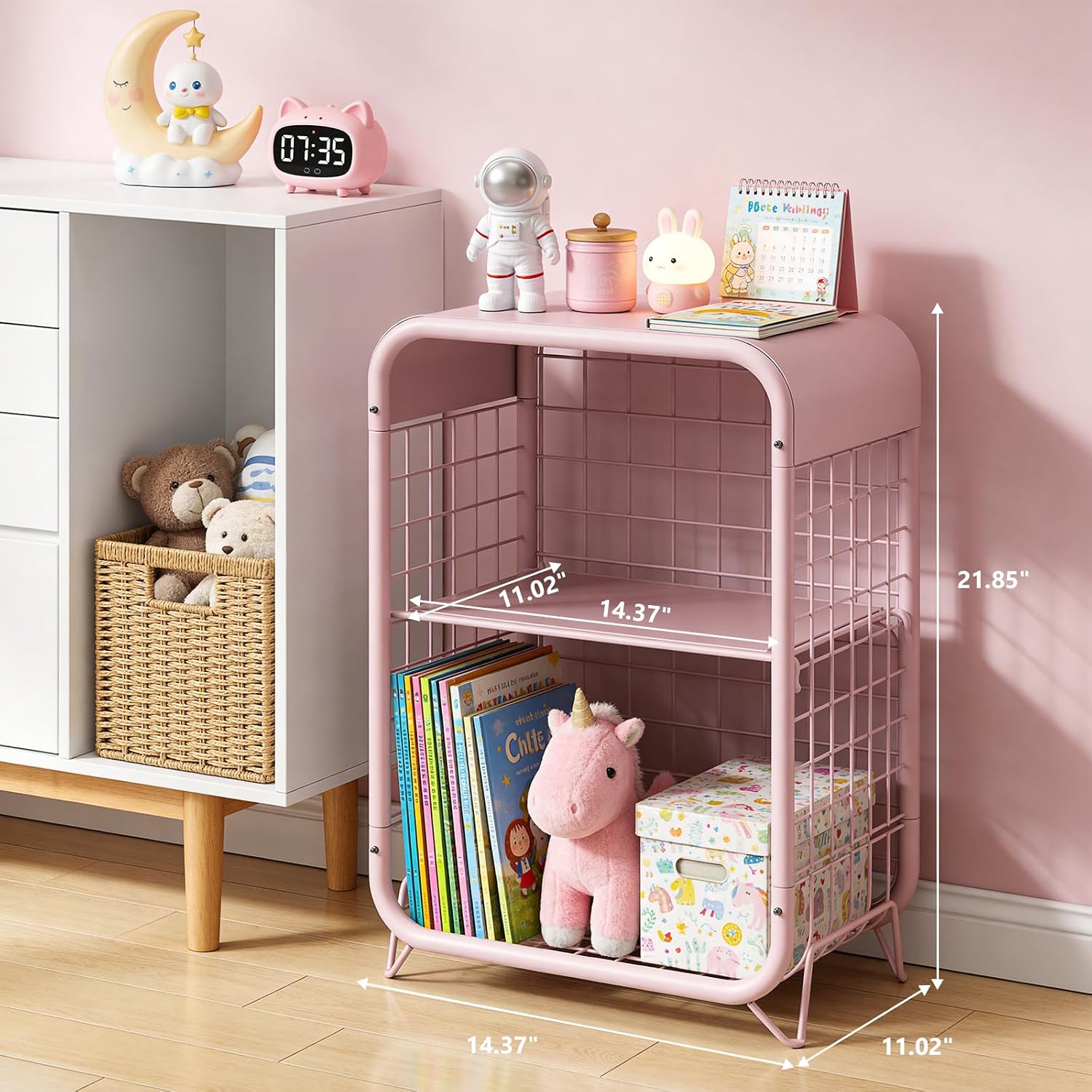 3-Tier Pink Metal End Table, Narrow Nightstand for Small Bedroom, Compact Side Table with Storage Shelves, Modern Bedside Organizer for Living Room, Pink Decor