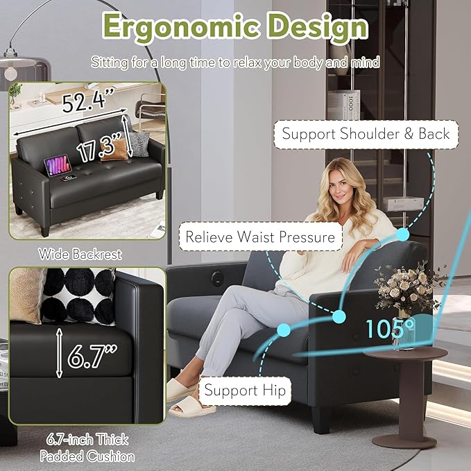 STHOUYN 59” Black Faux Leather Sofa Couch, Modern Comfy Office 2 Seater Couch Loveseat with USB & Tufted Armrest, Small Love Seat Couches for Living Room, Bedroom, Apartment