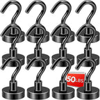 DIYMAG Black Magnetic Hooks, 50 LB Heavy Duty Strong Magnets with Hook, Rare Earth Neodymium Magnet for Cruise Cabins Ship Essentials 12 Packs