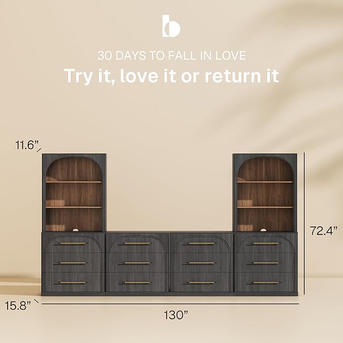 BELLEZE 6-Piece Modular TV Stand Set - 4 Sideboards with Drawers and 2 Storage Hutch, Classic Modern Media Console Table Cabinet for Living Room (Ebony)