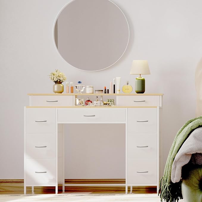 Dresser for Bedroom with 9 Drawers & 2 Open Shelves, Fabric Storage Dress...