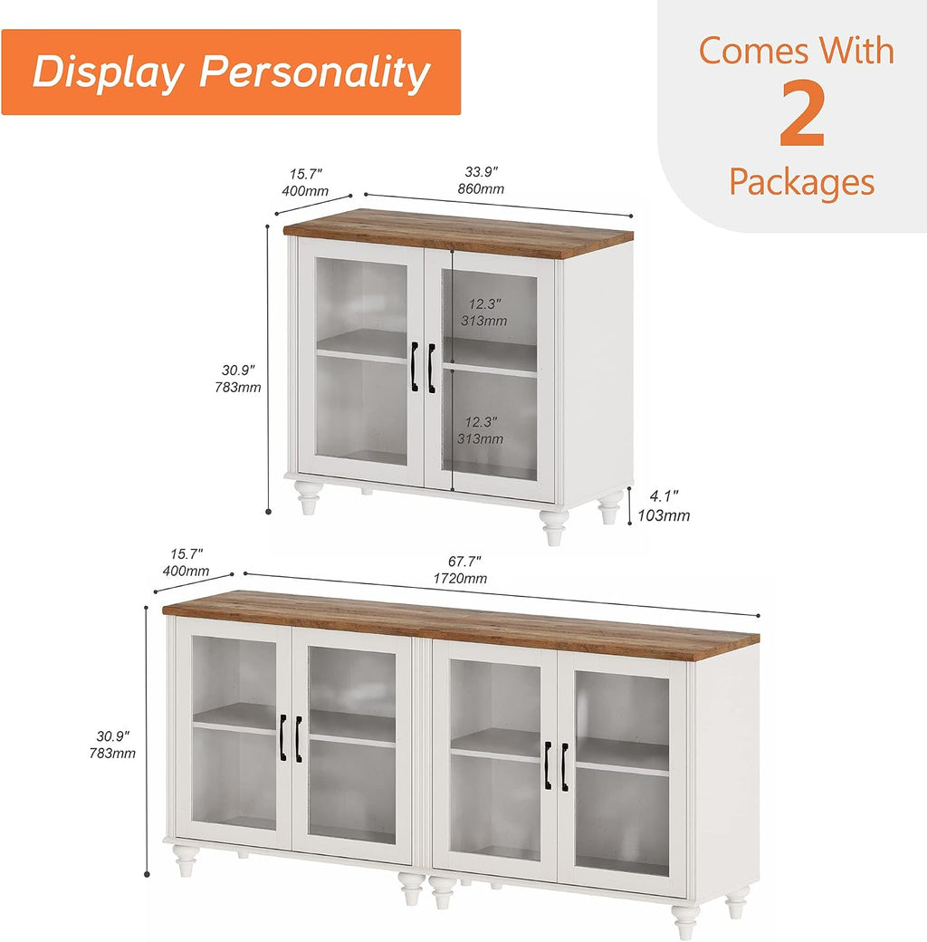 WAMPAT White TV Stand for 75 inch TV with 4 Glass Doors, Morden Wood Universal TV Cabniet with Ample Storage Cabinets, Farmhouse Entertainment Center TV Console Table for Living Room, Bedroom, 68"
