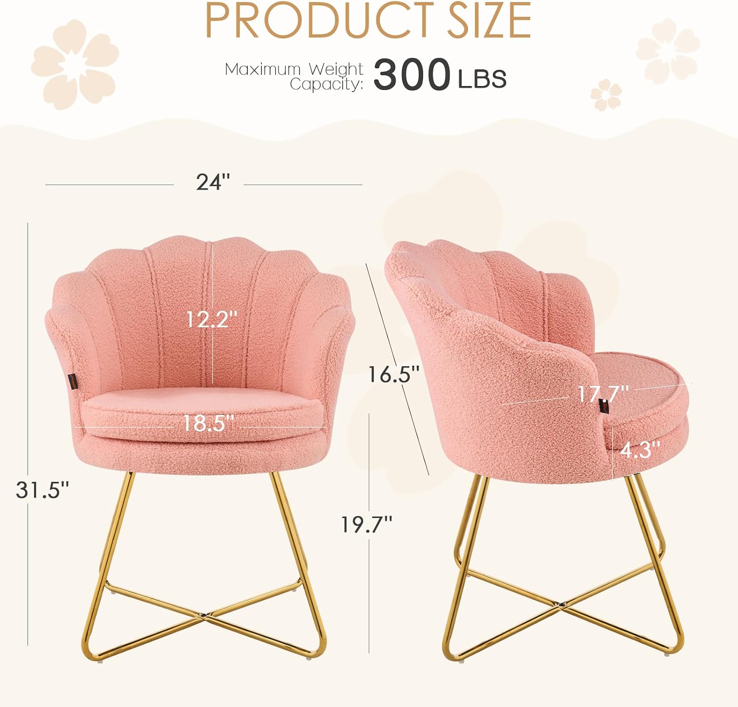 Furniliving Vanity Chair with Back, Upholstered Accent Chair for Living Room, Makeup Chair for Bedroom Sherpa ArmChairs Home Office Desk Chair with Gold Metal Legs (Pink)