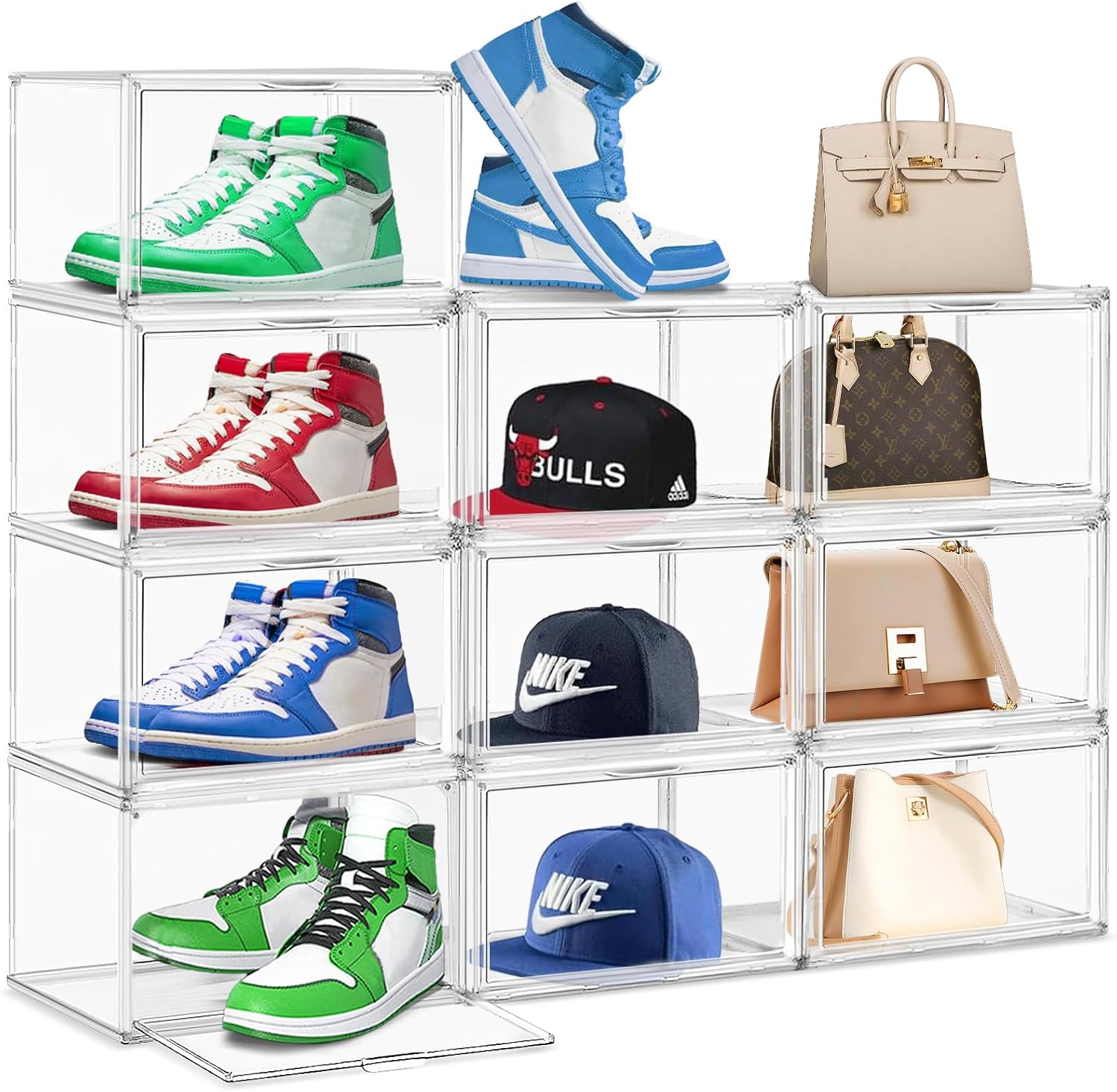 10 Pack Large Acrylic Shoe Box, Size 13 Sneaker Display Case Clear Stackable Display Case with Magnetic Door Toy Hat Collectible Sneakerheads Storage Organizer Bins for Entryway, Closet, Underbed